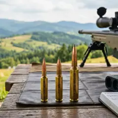 Trzy naboje: 6.5 Creedmoor, .308 Win i potężny .338 Lapua Magnum, gotowe do strzału w malowniczym krajobrazie.