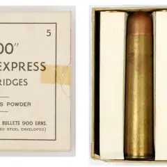 Pudełko z nabojami .600 Nitro-Express, w środku dwa potężne pociski.