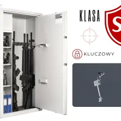 Otwarty sejf na broń klasy S1, z karabinami i pistoletami. Idealny, jaki sejf na broń dla kolekcjonera.