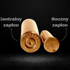 Dwa rodzaje amunicji: z centralnym i bocznym zapłonem. Różnice w budowie widoczne na denkach nabojów.