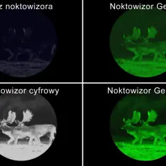 Sarny nocą: bez noktowizora ledwo widoczne, cyfrowy daje czarno-biały obraz, a noktowizory Gen 1+ i Gen 2+ pokazują je w zieleni, jak widać przez noktowizor.