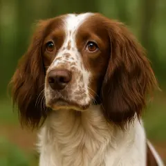 Uważny spaniel myśliwski o brązowo-białym umaszczeniu, z wyrazistymi oczami i długimi uszami, wpatruje się w dal.