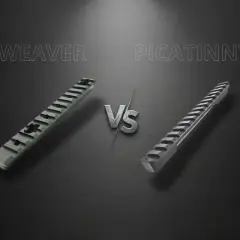 Porównanie rodzajów szyn montażowych do broni: Weaver vs. Picatinny. Dwie szyny z różnymi nacięciami, symbolizujące ich odmienność.