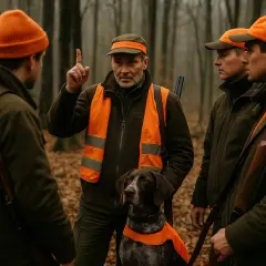 Myśliwi w pomarańczowych kamizelkach i czapkach, z bronią, słuchają wskazówek przed polowaniem zbiorowym. Pies w kamizelce czeka cierpliwie.