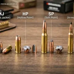 Przegląd amunicji: rodzaje pocisków FMJ, HP, SP i AP. Różne typy nabojów na drewnianym tle.