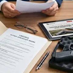 Na stole leży pistolet w futerale, dokument "Umowa kupna-sprzedaży broni", tablet z informacją o zakupie broni i okularach.