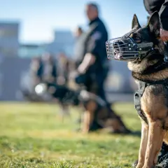Owczarek niemiecki w kagańcu i kamizelce z napisem POLIZEI, gotowy do akcji. W tle inni policjanci i psy, przygotowujący się do polowania z psami.