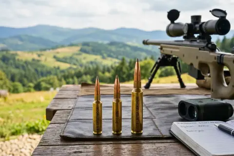 Trzy naboje: 6.5 Creedmoor, .308 Win i potężny .338 Lapua Magnum, gotowe do strzału w malowniczym krajobrazie.