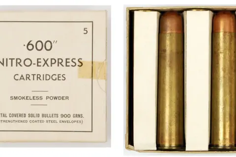 Pudełko z nabojami .600 Nitro-Express, w środku dwa potężne pociski.
