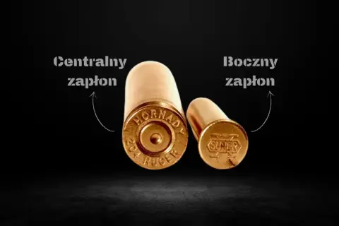 Dwa rodzaje amunicji: z centralnym i bocznym zapłonem. Różnice w budowie widoczne na denkach nabojów.