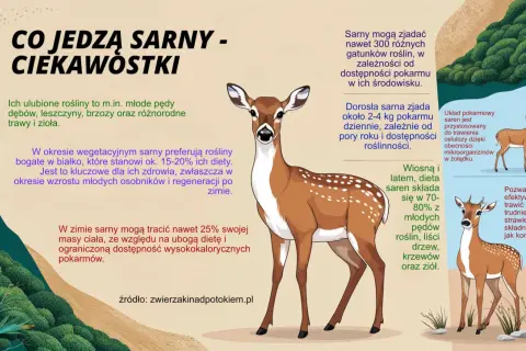 Ilustracja pokazuje, jak wygląda sarenka, która żywi się młodymi pędami roślin, liśćmi drzew i ziołami.