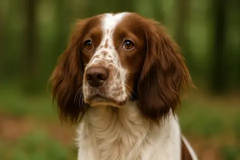 Uważny spaniel myśliwski o brązowo-białym umaszczeniu, z wyrazistymi oczami i długimi uszami, wpatruje się w dal.