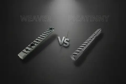 Porównanie rodzajów szyn montażowych do broni: Weaver vs. Picatinny. Dwie szyny z różnymi nacięciami, symbolizujące ich odmienność.