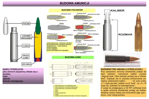 Budowa amunicji: pocisk i łuska, różne rodzaje pocisków i ich budowa. Nabój strzelecki to zespolenie pocisku, łuski, spłonki i ładunku.