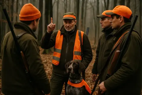 Myśliwi w pomarańczowych kamizelkach i czapkach, z bronią, słuchają wskazówek przed polowaniem zbiorowym. Pies w kamizelce czeka cierpliwie.