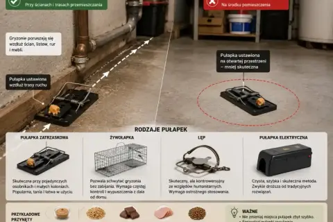Skuteczne polowanie na szczury wymaga prawidłowego rozmieszczenia pułapek wzdłuż ścian i tras ruchu gryzoni.