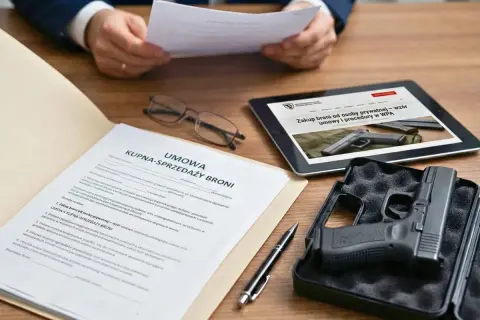 Na stole leży pistolet w futerale, dokument "Umowa kupna-sprzedaży broni", tablet z informacją o zakupie broni i okularach.