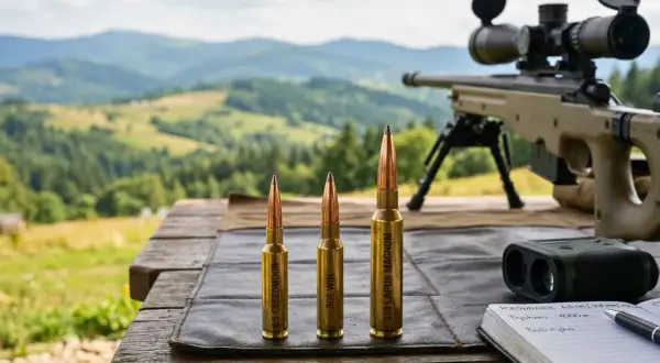 Trzy naboje: 6.5 Creedmoor, .308 Win i potężny .338 Lapua Magnum, gotowe do strzału w malowniczym krajobrazie.
