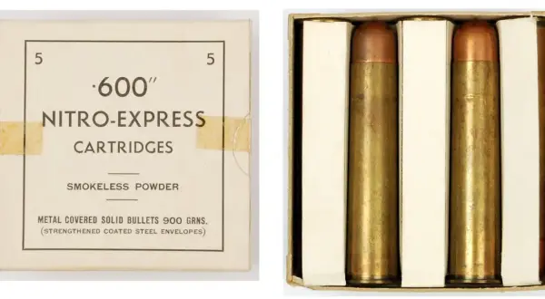 Pudełko z nabojami .600 Nitro-Express, w środku dwa potężne pociski.