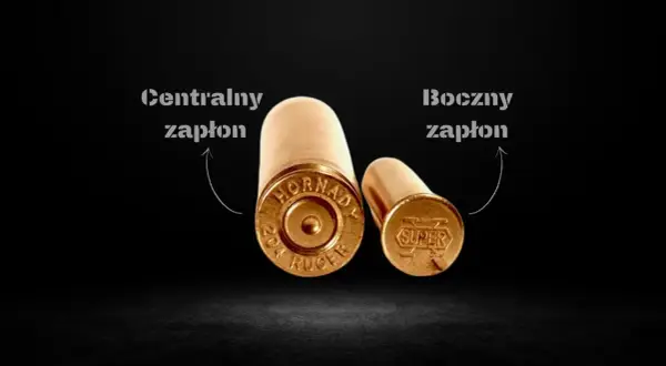 Dwa rodzaje amunicji: z centralnym i bocznym zapłonem. Różnice w budowie widoczne na denkach nabojów.