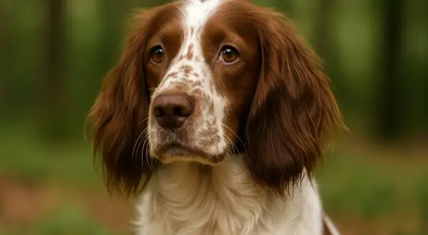 Uważny spaniel myśliwski o brązowo-białym umaszczeniu, z wyrazistymi oczami i długimi uszami, wpatruje się w dal.