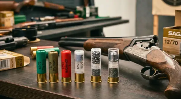 Na stole leżą naboje, w tym jeden z napisem BUCKSHOT, obok strzelby i pudełka z amunicją.