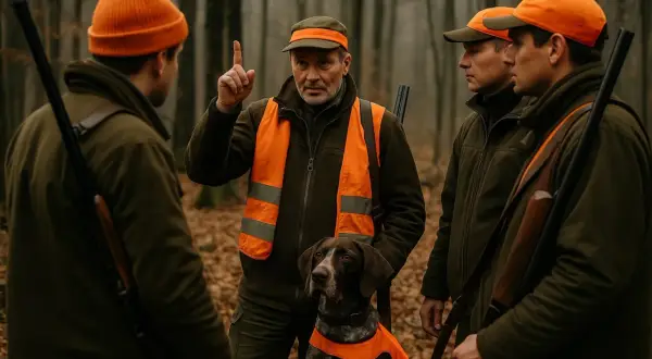 Myśliwi w pomarańczowych kamizelkach i czapkach, z bronią, słuchają wskazówek przed polowaniem zbiorowym. Pies w kamizelce czeka cierpliwie.
