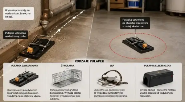 Skuteczne polowanie na szczury wymaga prawidłowego rozmieszczenia pułapek wzdłuż ścian i tras ruchu gryzoni.