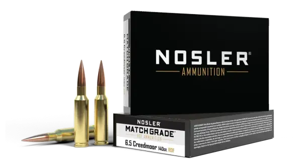 Amunicja Nosler Match Grade 6.5 Creedmoor 140gr RDF, gotowa do precyzyjnych strzałów.