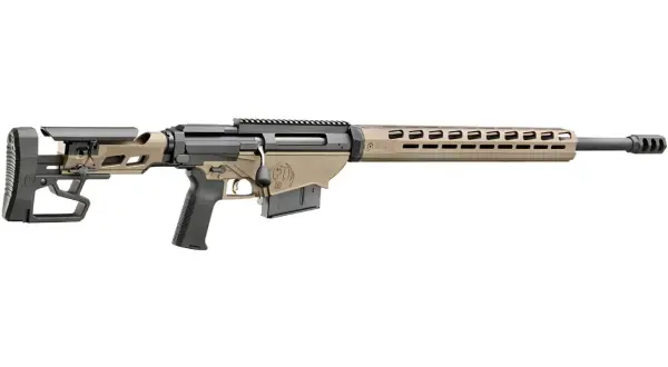 Precyzyjny karabin snajperski Ruger Precision Rifle w kalibrze 338 Lapua, z regulowaną kolbą i chwytem.