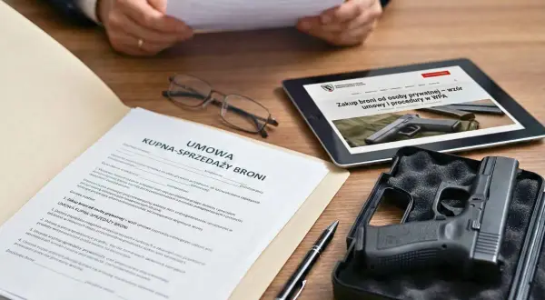 Na stole leży pistolet w futerale, dokument "Umowa kupna-sprzedaży broni", tablet z informacją o zakupie broni i okularach.