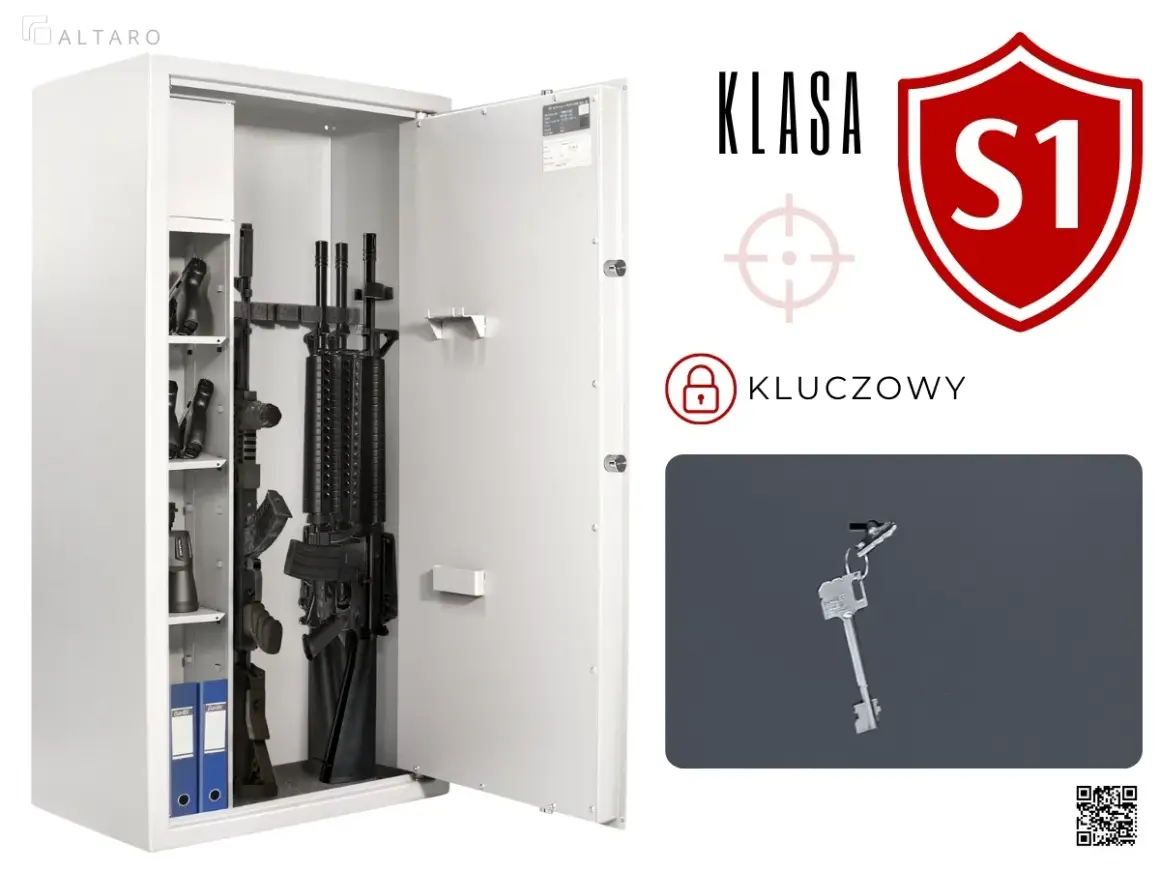 Otwarty sejf na broń klasy S1, z karabinami i pistoletami. Idealny, jaki sejf na broń dla kolekcjonera.