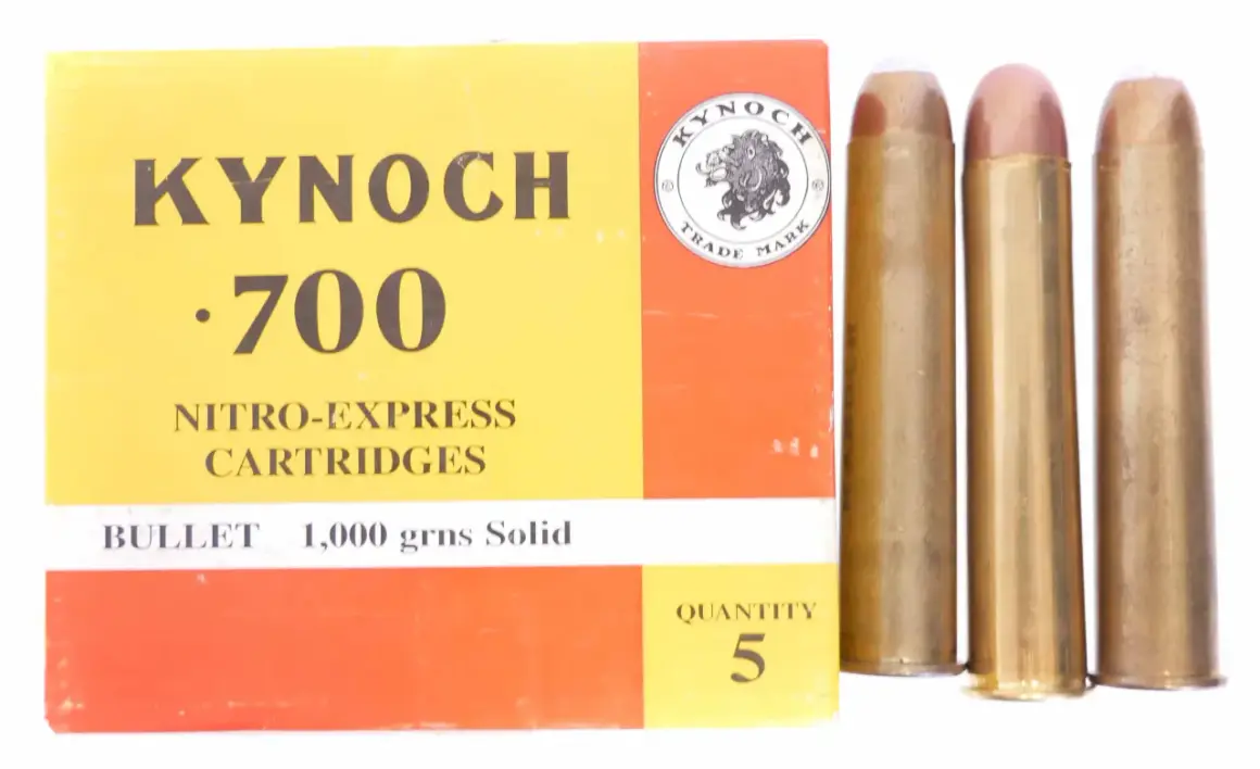 Pudełko Kynoch .700 Nitro-Express z pięcioma nabojami.