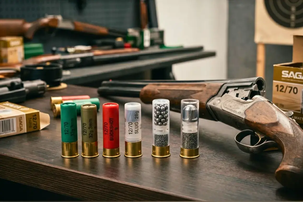 Na stole leżą naboje, w tym jeden z napisem BUCKSHOT, obok strzelby i pudełka z amunicją.