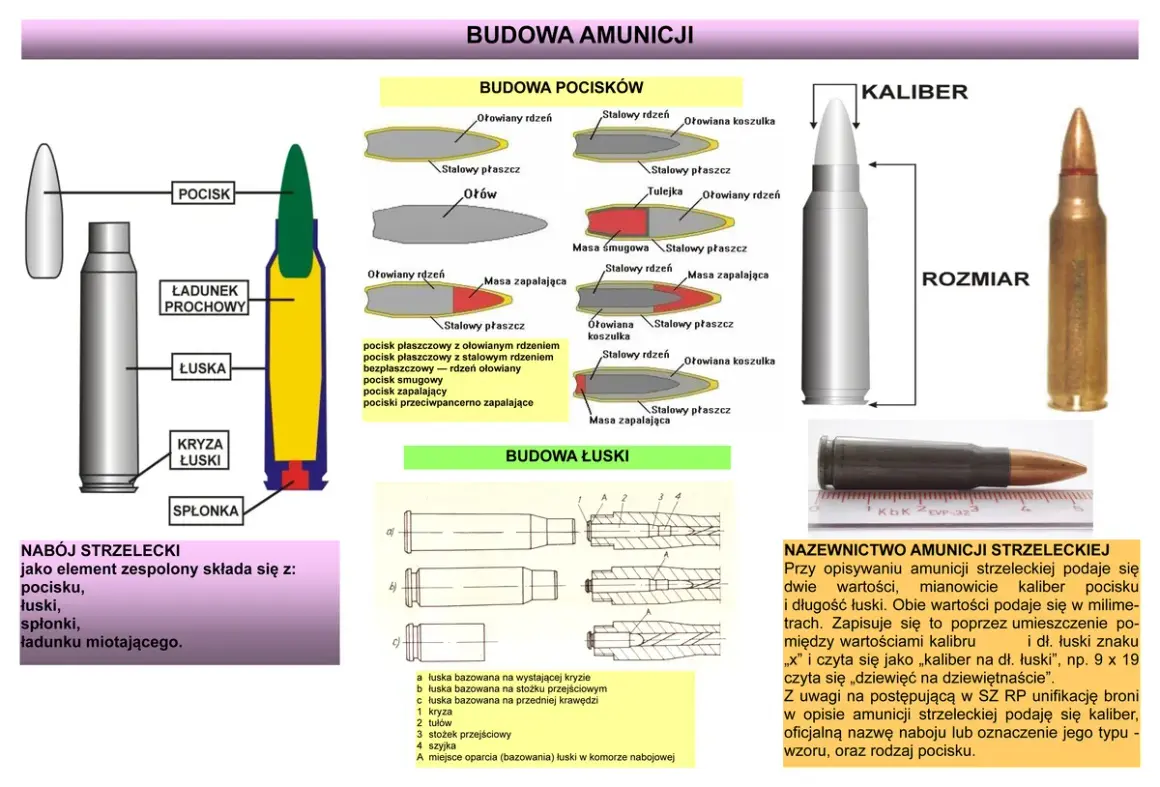 Budowa amunicji: pocisk i łuska, różne rodzaje pocisków i ich budowa. Nabój strzelecki to zespolenie pocisku, łuski, spłonki i ładunku.