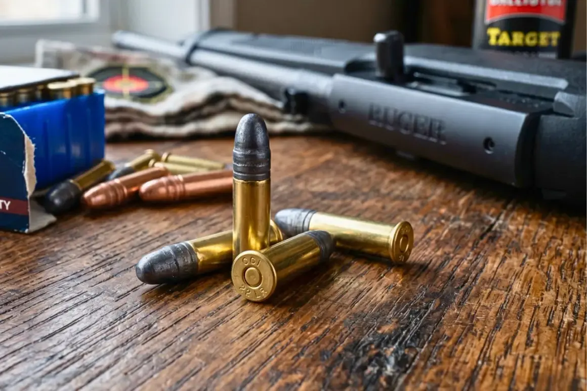 Kilka naboi kalibru .22 LR leży na drewnianym stole obok karabinu Ruger. To przygotowanie do elaboracji amunicji.