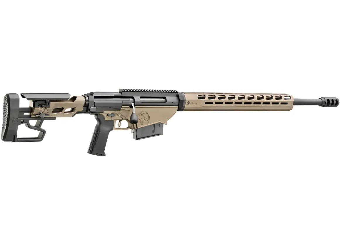 Precyzyjny karabin snajperski Ruger Precision Rifle w kalibrze 338 Lapua, z regulowaną kolbą i chwytem.