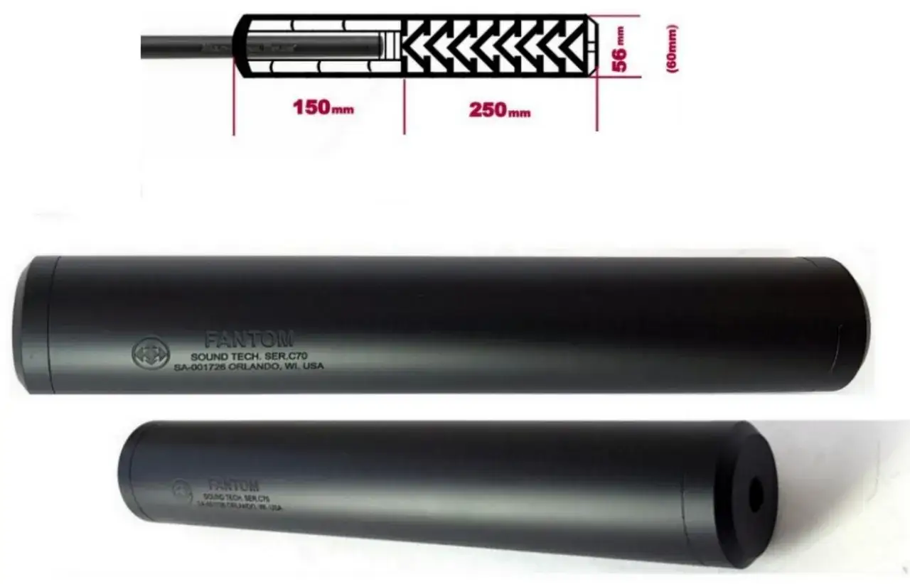 Tłumik Fantom SER.C70, idealny do kalibru 308 Win. Wymiary: 150 mm + 250 mm, średnica 56 mm.