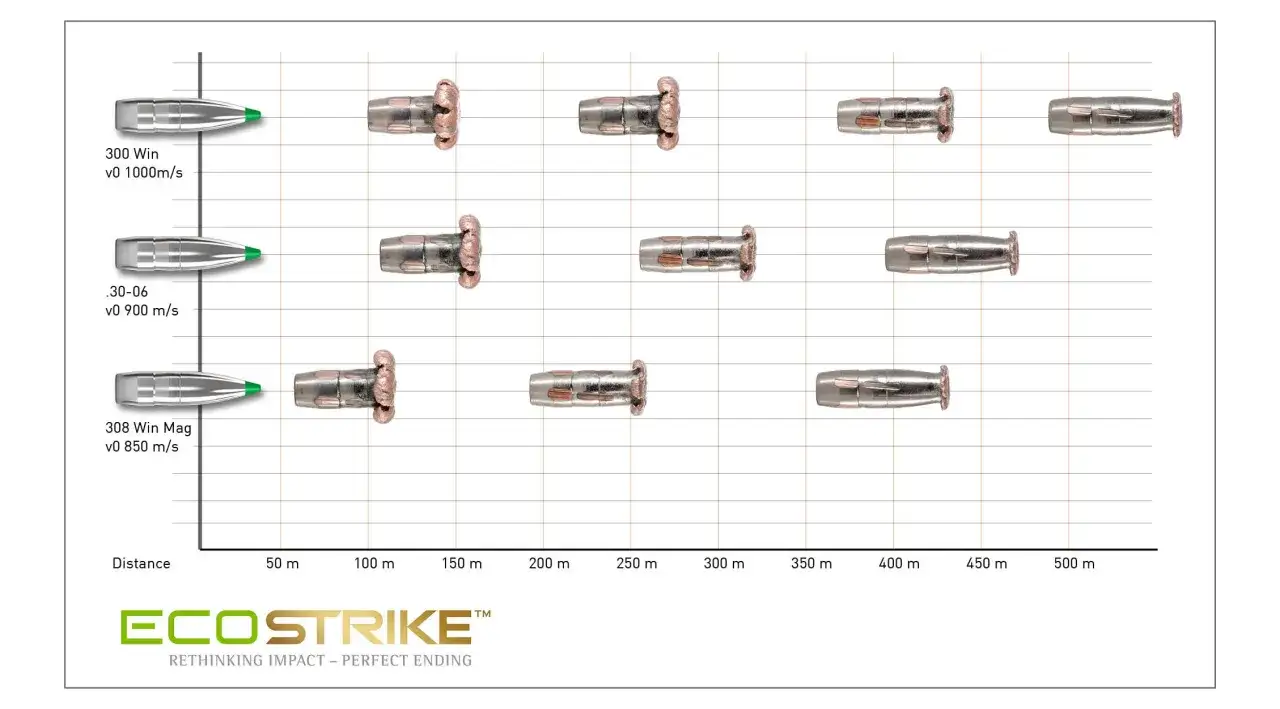 Tabela porównująca energię pocisku różnych kalibrów (300 Win, .30-06, 308 Win Mag) na dystansie od 0 do 500 m.