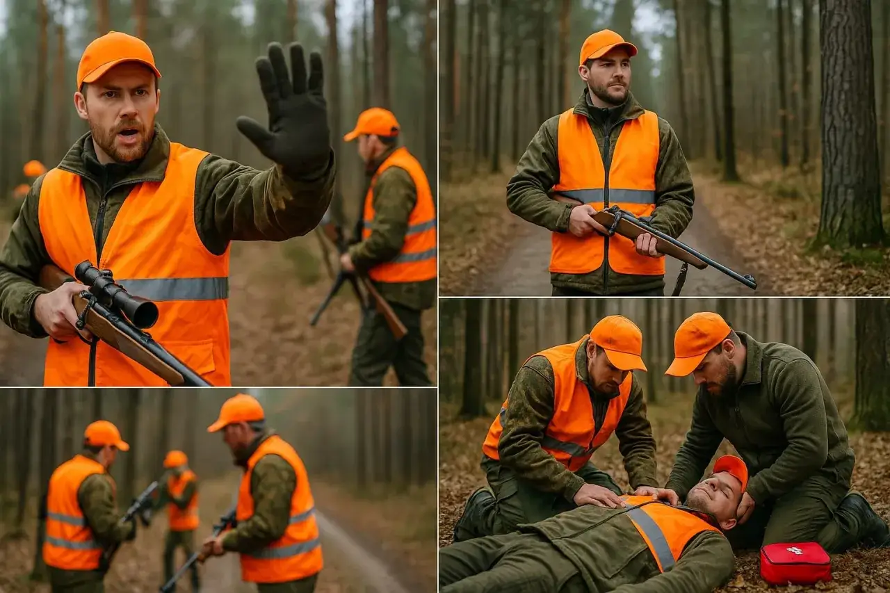 Myśliwi w lesie, jeden podnosi rękę w geście ostrzeżenia, drugi trzyma broń. W dole udzielają pomocy nieprzytomnemu koledze. To vademecum myśliwego.
