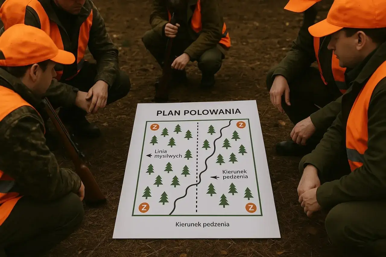 Myśliwi w pomarańczowych kamizelkach analizują plan polowania zbiorowego. Mapa przedstawia teren z zaznaczonymi drzewami, linią myśliwych i kierunkiem pędzenia.