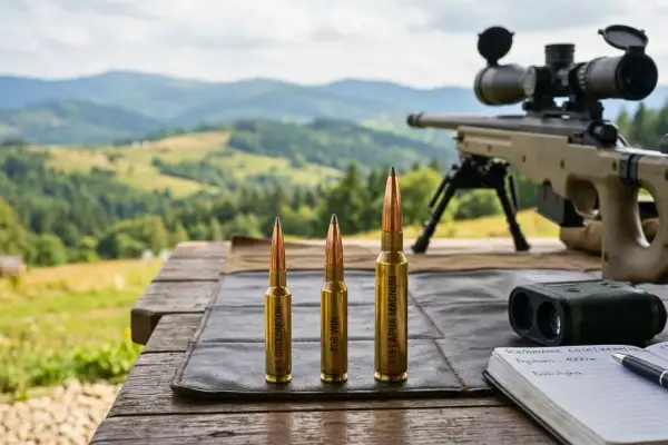 Trzy naboje: 6.5 Creedmoor, .308 Win i potężny .338 Lapua Magnum, gotowe do strzału w malowniczym krajobrazie.