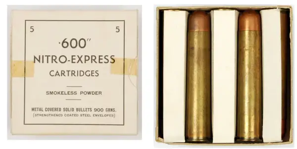 Pudełko z nabojami .600 Nitro-Express, w środku dwa potężne pociski.