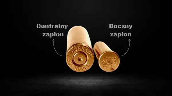 Dwa rodzaje amunicji: z centralnym i bocznym zapłonem. Różnice w budowie widoczne na denkach nabojów.