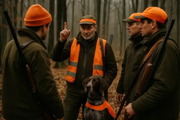 Myśliwi w pomarańczowych kamizelkach i czapkach, z bronią, słuchają wskazówek przed polowaniem zbiorowym. Pies w kamizelce czeka cierpliwie.